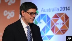 Bộ trưởng Tài chính Hoa Kỳ Jack Lew tại một cuộc họp báo ởSydney, Australia, 23/2/14