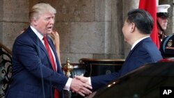 Tổng thống Donald Trump bắt tay Chủ tịch Trung Quốc Tập Cận Bình khi ông đến khu dinh thự Mar-a-Lago, ngày 6 tháng 4, 2017, ở thành phố Palm Beach, bang Florida.